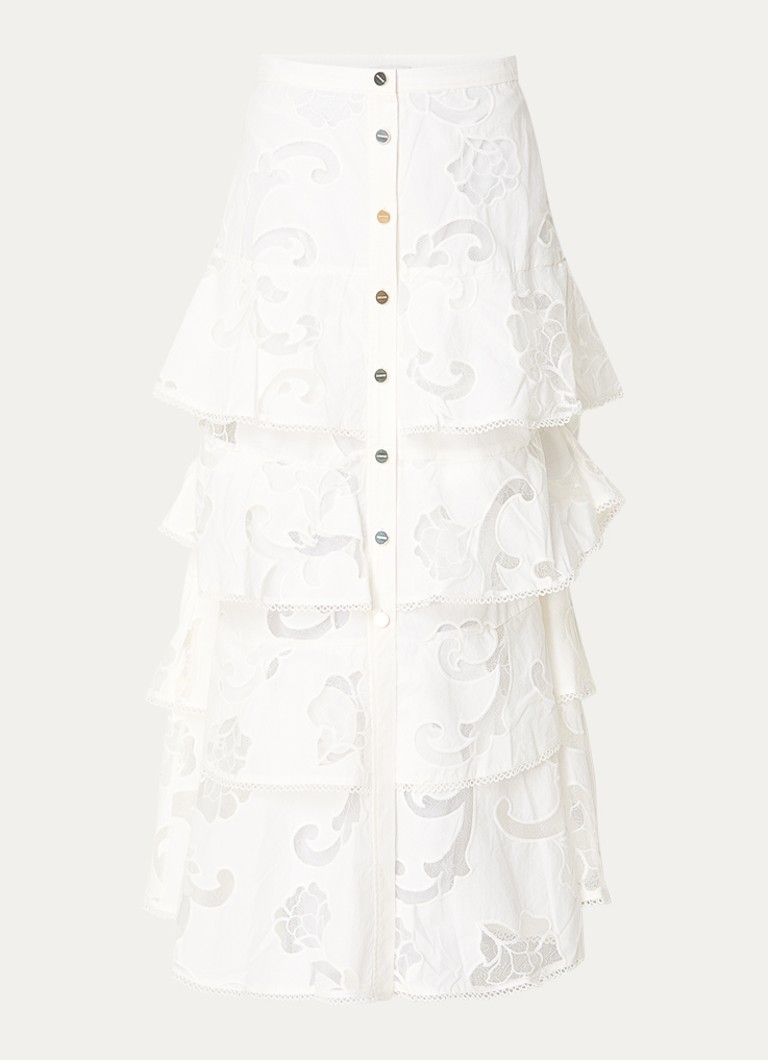 Sandro Dames Maxi rok met broderie en volant in de kleur Wit