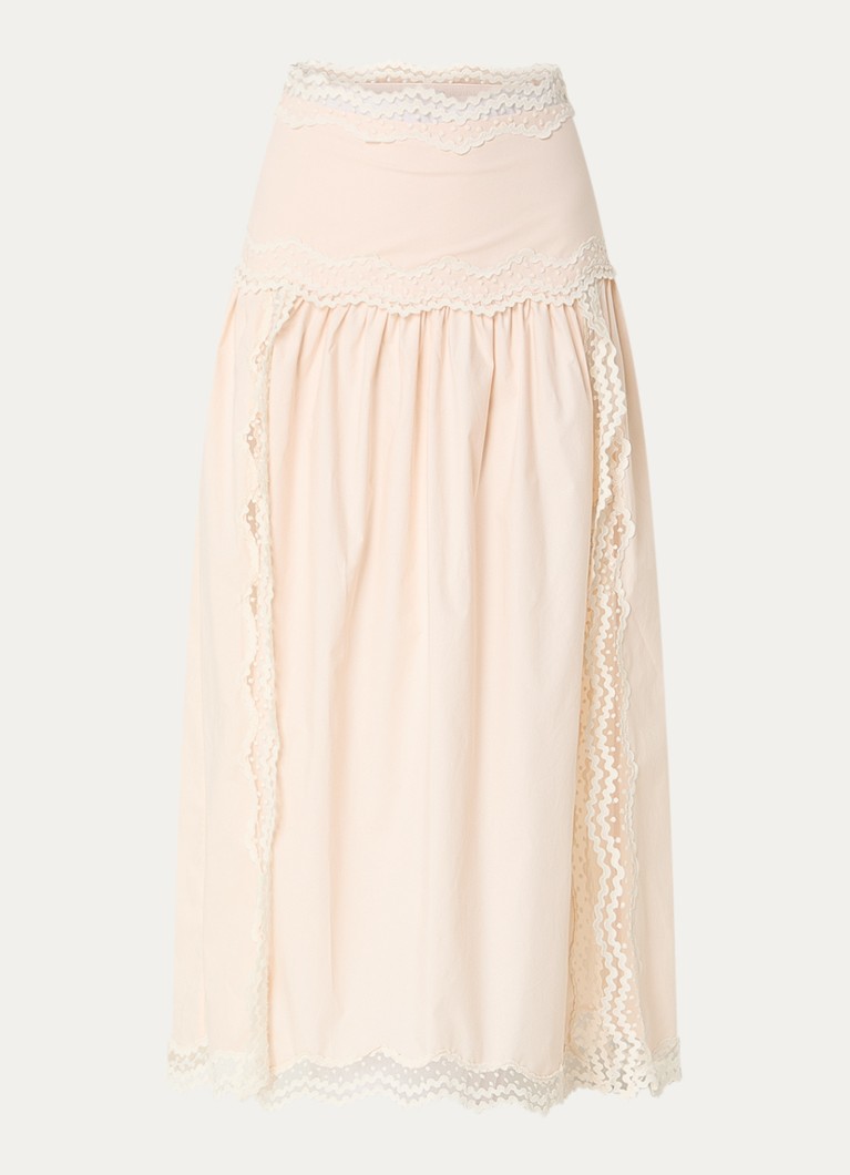 Sandro Dames Midi A-lijn rok met broderie en split in de kleur Lichtroze