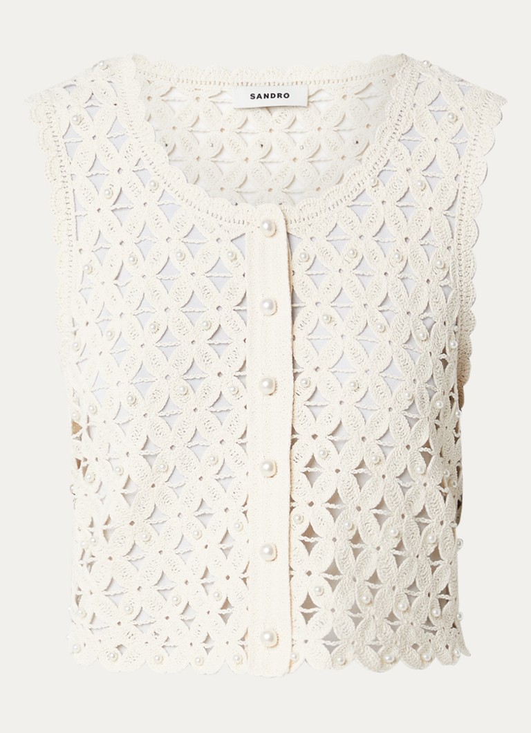 Sandro Dames Gilet met opengewerkt dessin en imitatieparels in de kleur Beige