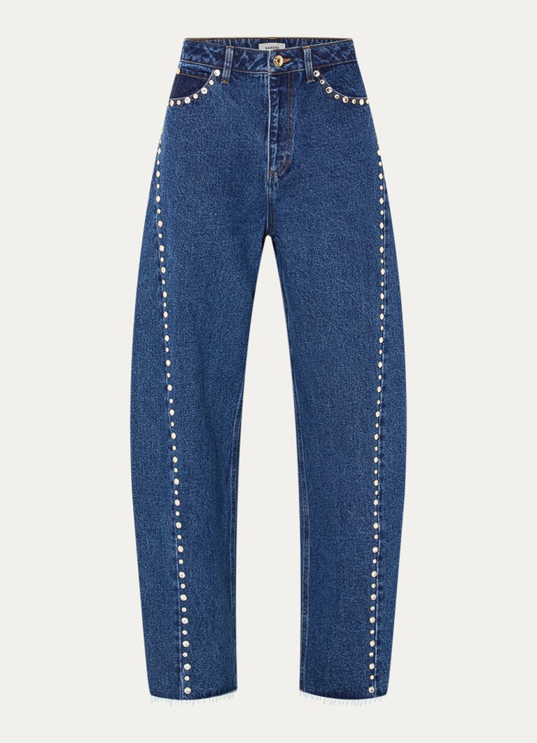 Sandro Dames High waist straight leg jeans met donkere wassing en strass in de kleur Indigo