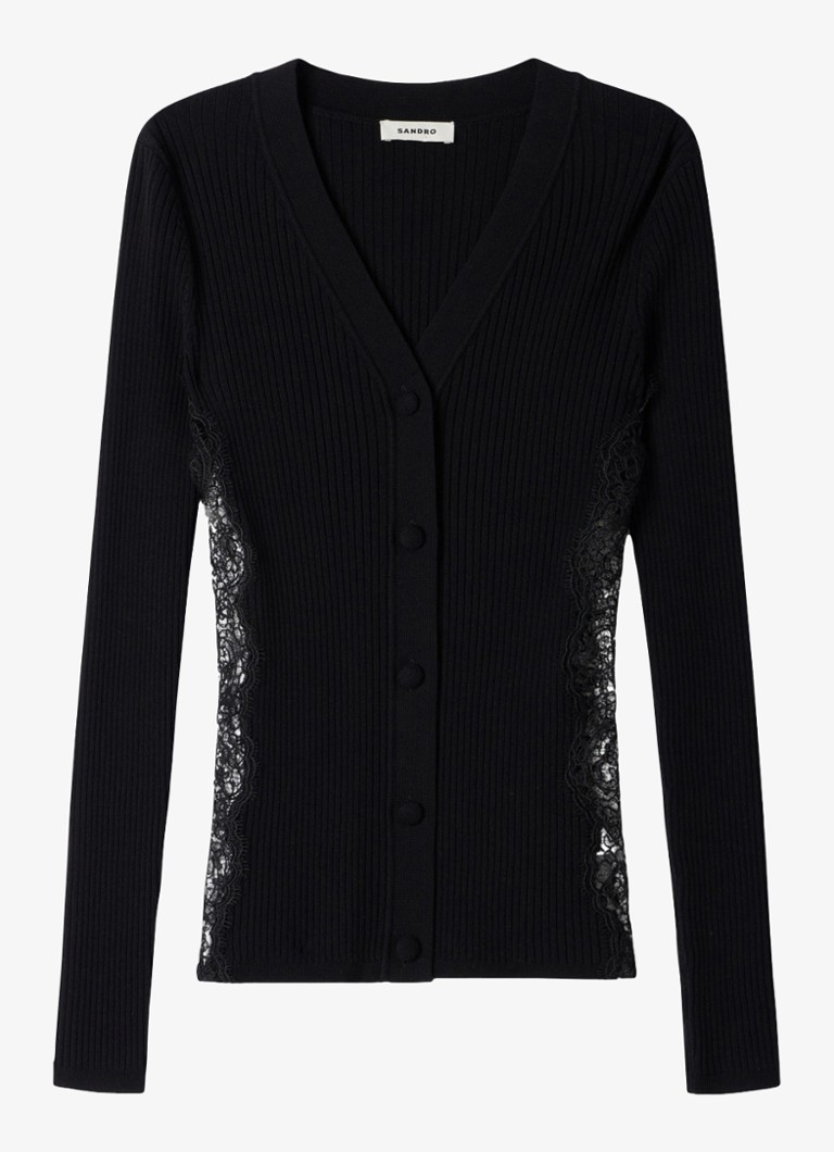 Sandro Dames Vest met V-hals en details van kant in de kleur Black / Zwart