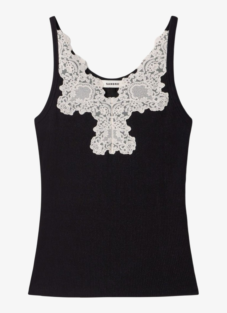 Sandro Dames Top met spaghettibandjes en details van kant in de kleur Zwart