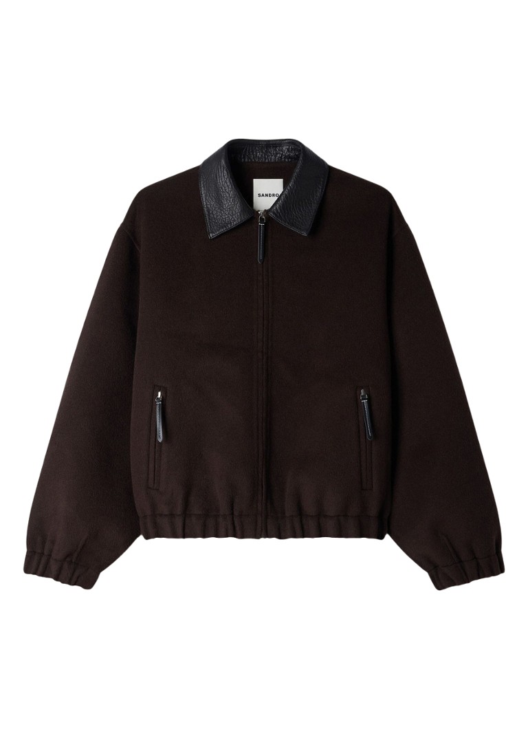 Sandro Dames Double-faced leather collar jacket in de kleur Black Brown / Bruin