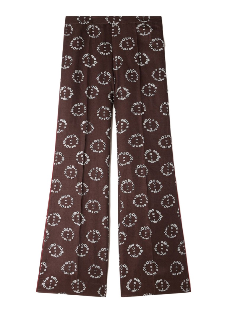 Sandro Dames High waist flared broek in linnenblend met bloemenprint in de kleur Bruin