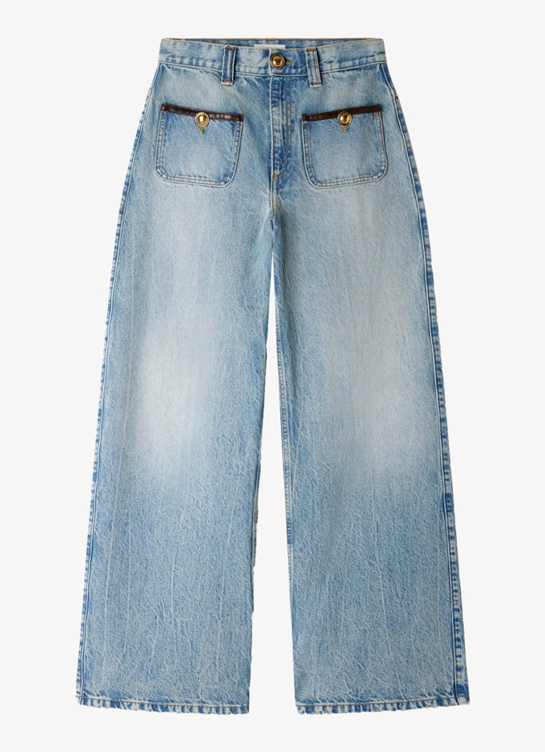 Sandro Dames High waist straight leg broek van denim met lichte wassing en opgestikte zakken in de kleur Blue Jean / Blauw