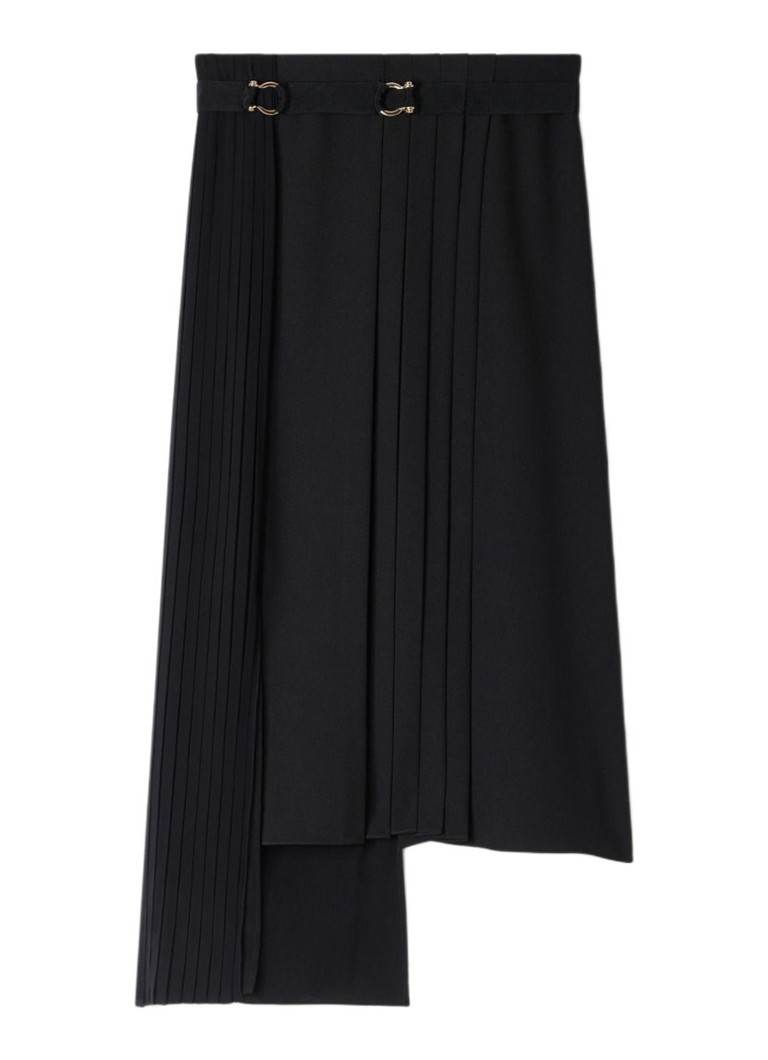 Sandro Dames Asymmetrische midi rok met plooidetail in de kleur Zwart