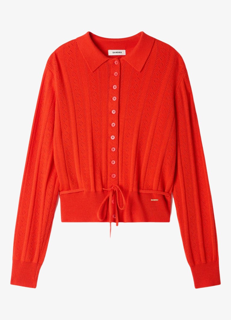 Sandro Dames Fijngebreid vest met strikceintuur in de kleur Steenrood