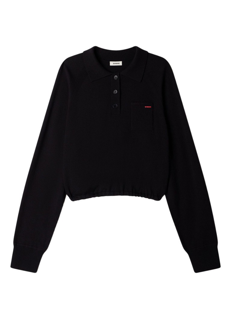 Sandro Dames Fijngebreide cropped trui in wolblend met polokraag in de kleur Zwart