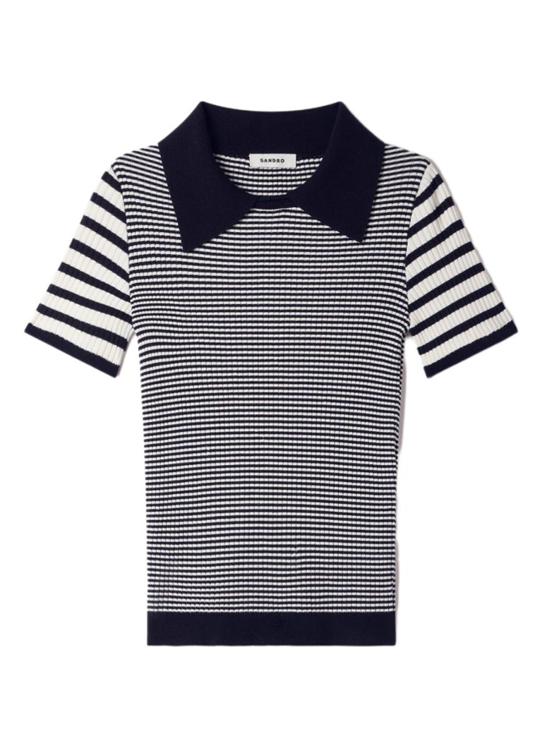 Sandro Dames Ribgebreide top in zijdeblend met streepprint en polokraag in de kleur Zwart
