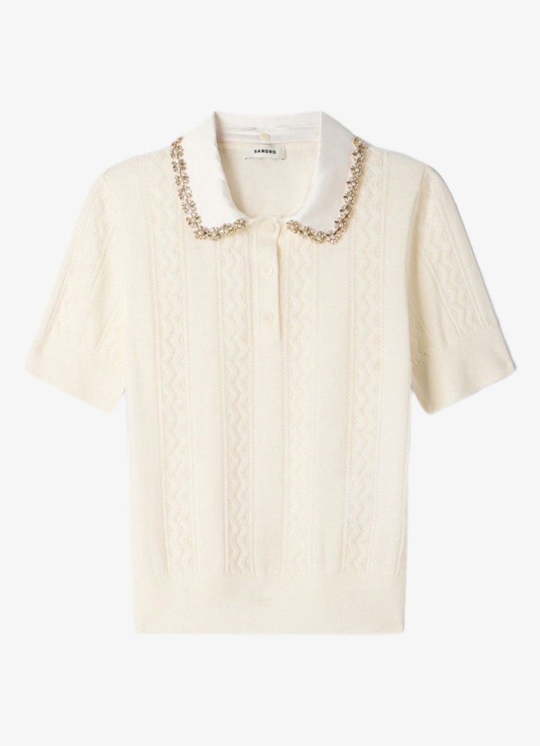Sandro Dames Fijngebreide trui van wol met strass in de kleur Beige