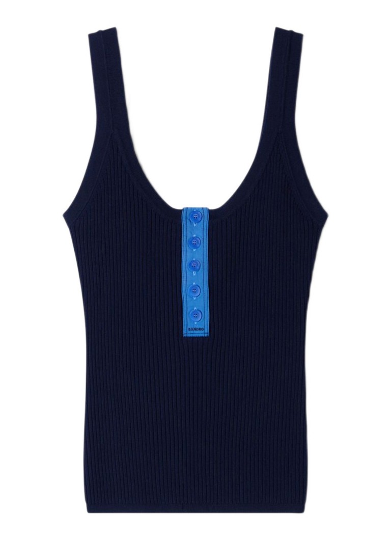 Sandro Dames Ribgebreide tanktop in zijdeblend met knoopdetail in de kleur Blauw