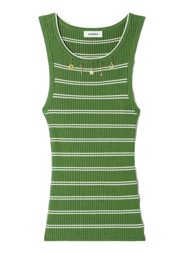 Sandro Dames Ribgebreide tanktop in zijdeblend met streepprint en decoratie in de kleur Groen
