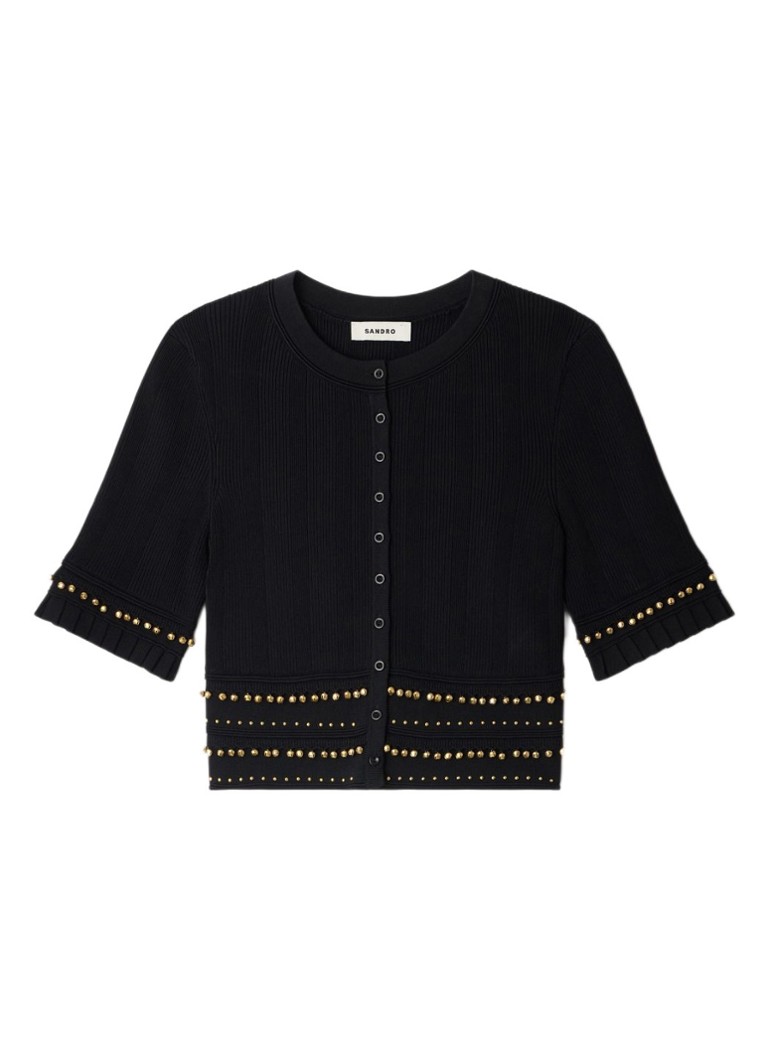 Sandro Dames Fijngebreide crop top met kralendecoratie in de kleur Zwart