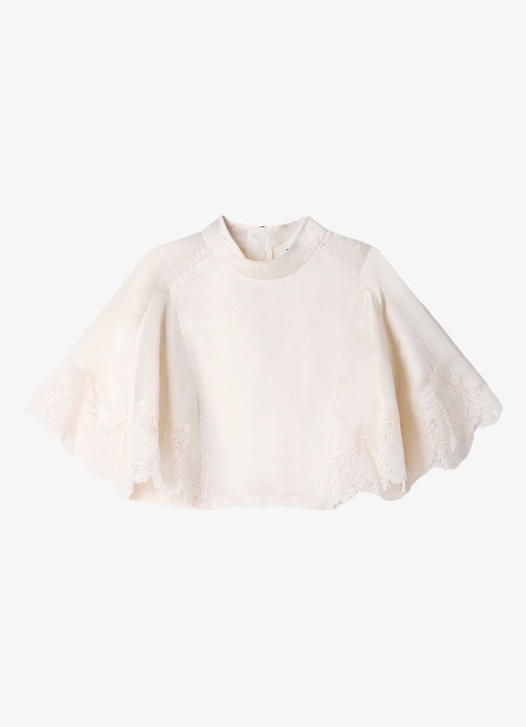 Sandro Dames Top met opstaande kraag en details van kant in de kleur Beige