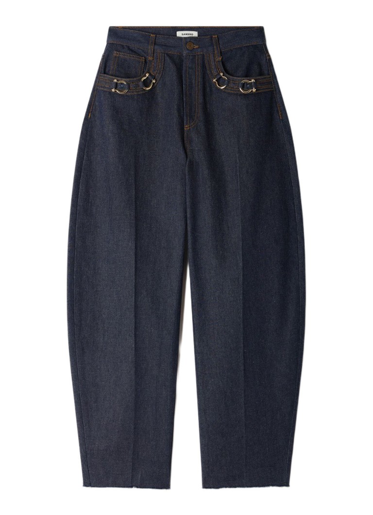 Sandro Dames High waist barrel jeans met donkere wassing en decoratie in de kleur Indigo
