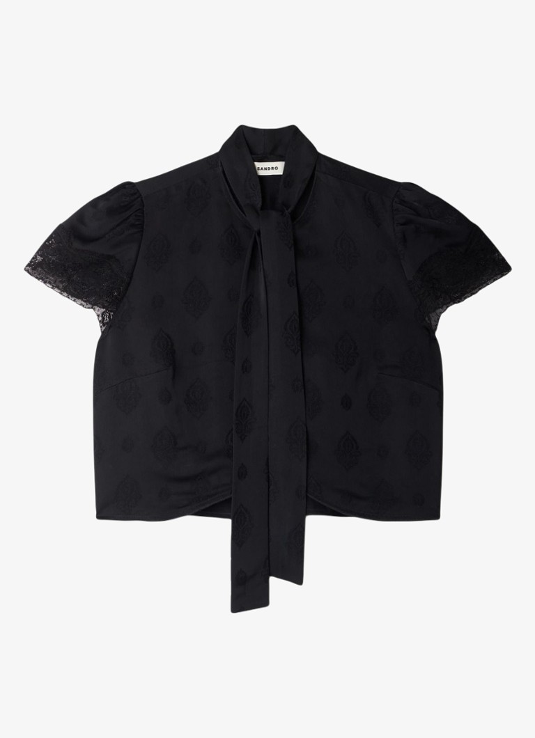 Sandro Dames Top met strikkraag en details van kant in de kleur Black / Zwart