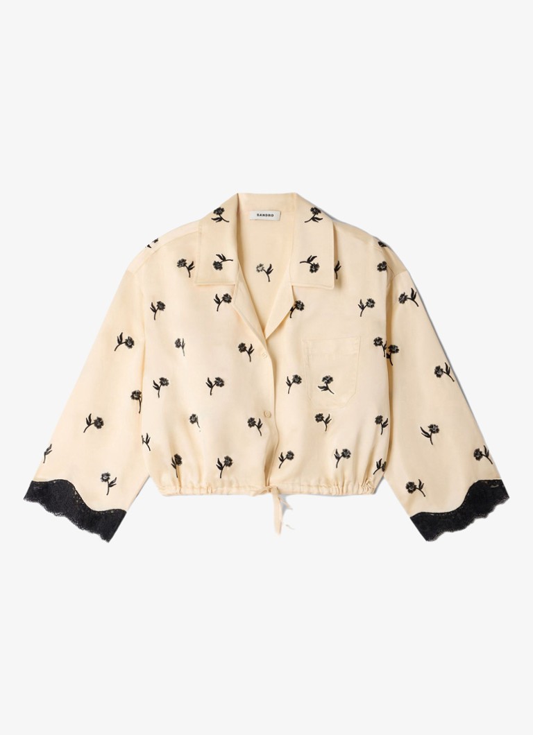 Sandro Dames Cropped blouse met print en details van kant in de kleur Ivoor