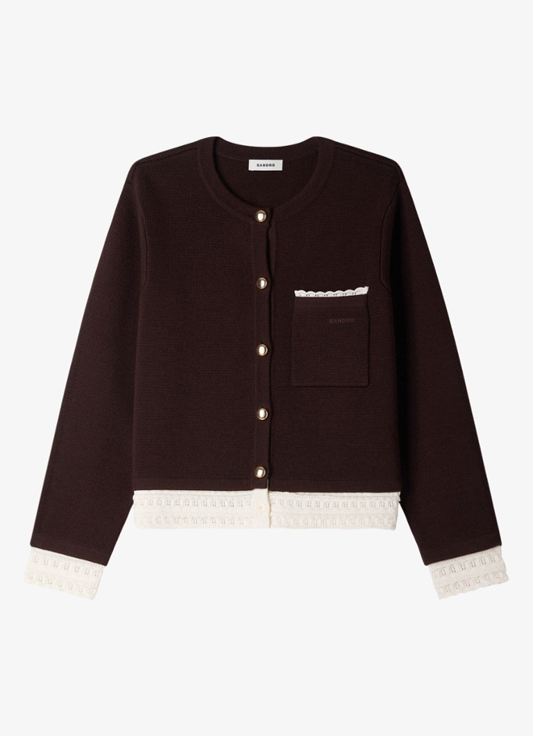 Sandro Dames Fijngebreid vest met opengewerkt detail in de kleur Bruin