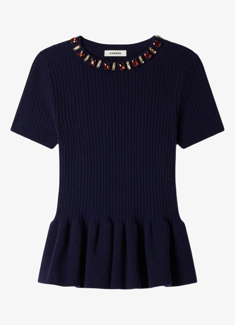 Sandro Dames Ribgebreide trui met peplum in de kleur Blauw