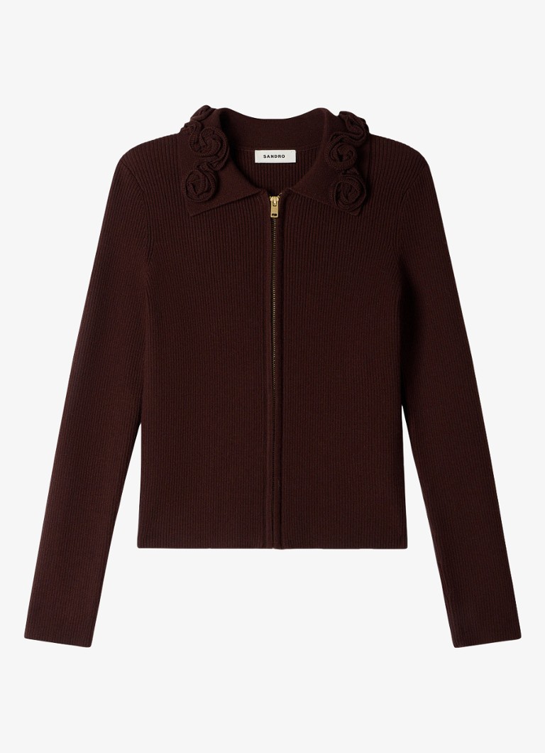 Sandro Dames Ribgebreid vest met borduring in de kleur Bruin