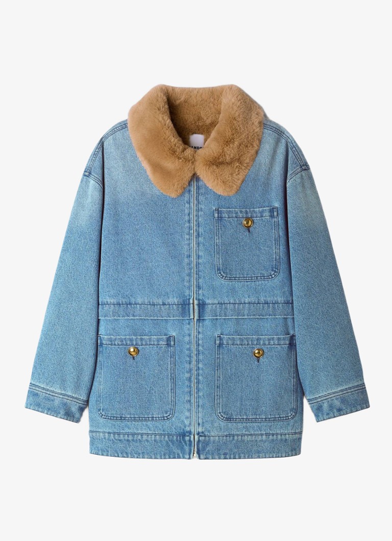 Sandro Dames Spijkerjas met imitatiebontkraag in de kleur Denim
