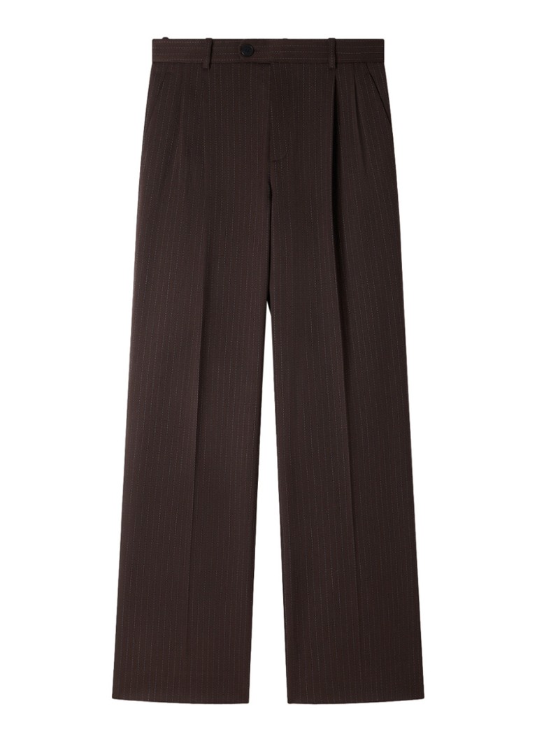 Sandro Dames High waist wide fit pantalon in scheerwolblend met krijtstreep in de kleur Bruin / Blauw