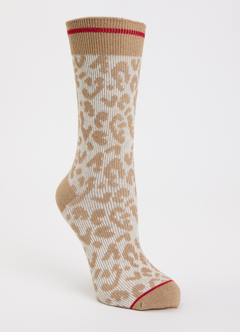 MarcMarcs Dames Tracy sokken in katoenblend met lurex en panterprint in de kleur Beige, maat: 35-38