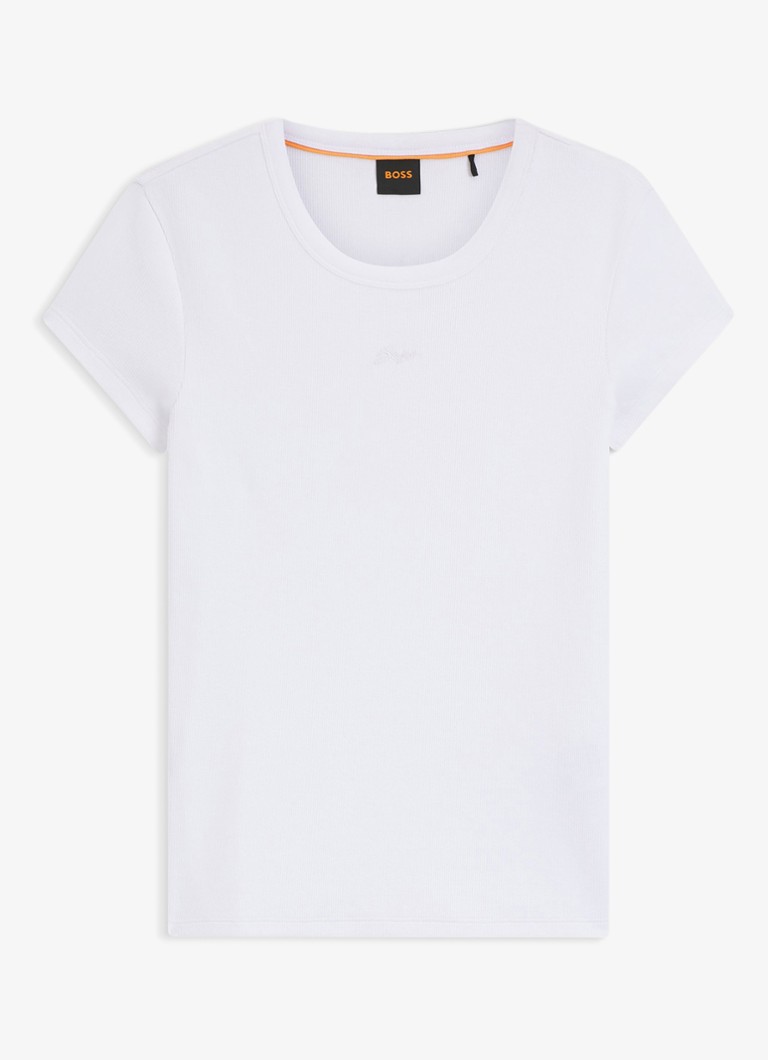 BOSS Dames Ribgebreid T-shirt met logoborduring in de kleur Wit