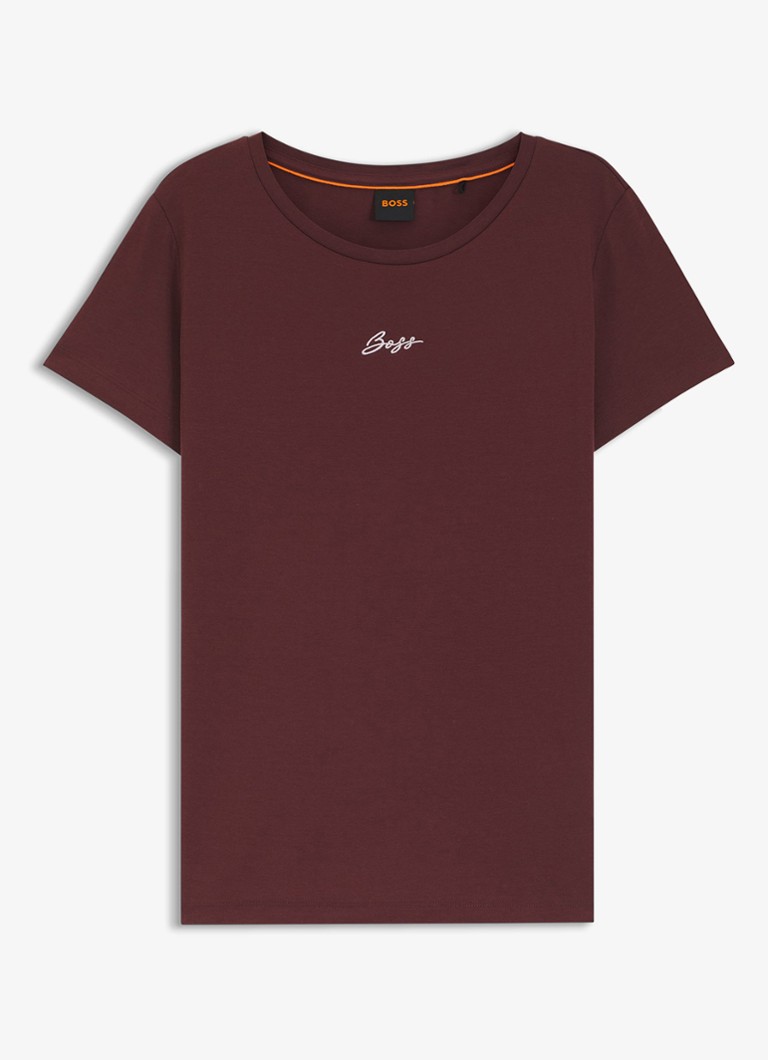 BOSS Dames Slim-fit T-shirt van katoen met logostiksel in de kleur Roodbruin