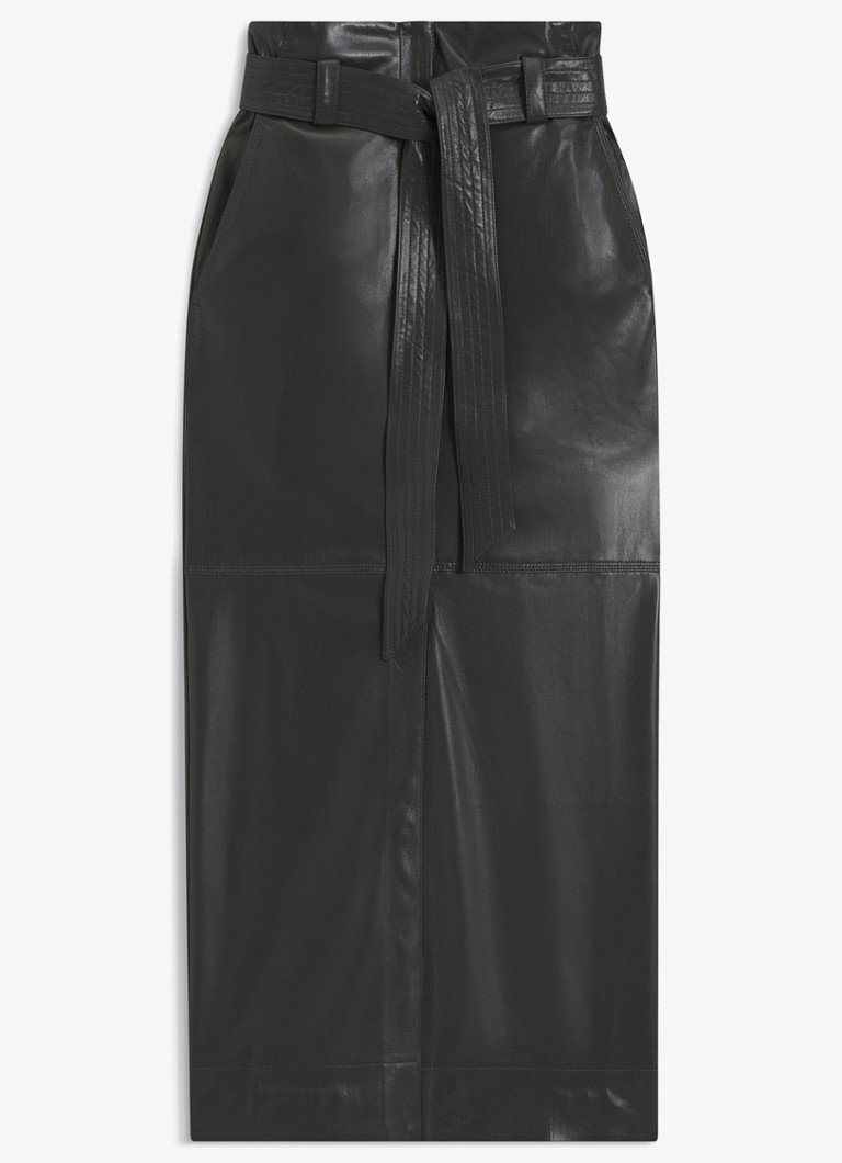 BOSS Dames Midi rok van imitatieleer met strikceintuur in de kleur Donkergrijs