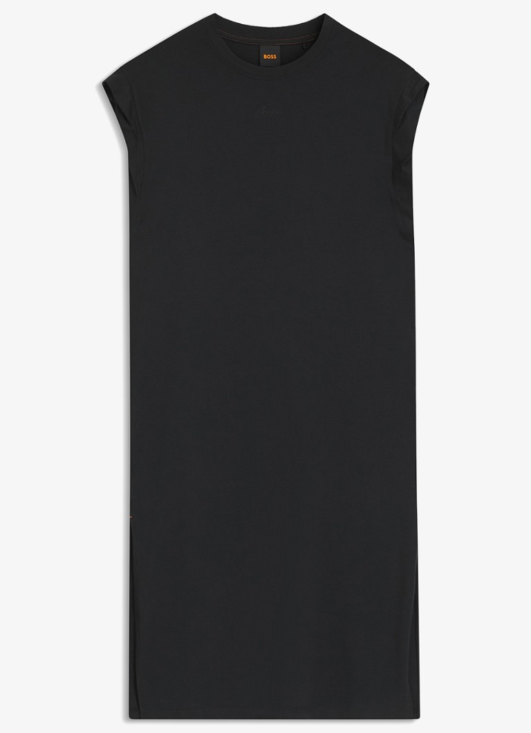 BOSS Dames C_Edress_5 midi T-shirt jurk met split in de kleur Black-001 / Zwart