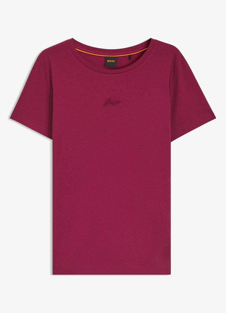 BOSS Dames Slim-fit T-shirt van katoen met logostiksel in de kleur Rood
