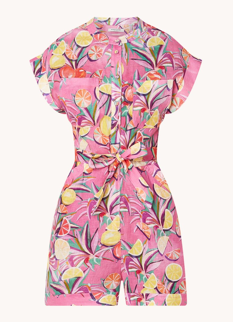 Scotch & Soda Dames Loose fit jumpsuit van linnen met print in de kleur Roze, maat: 40
