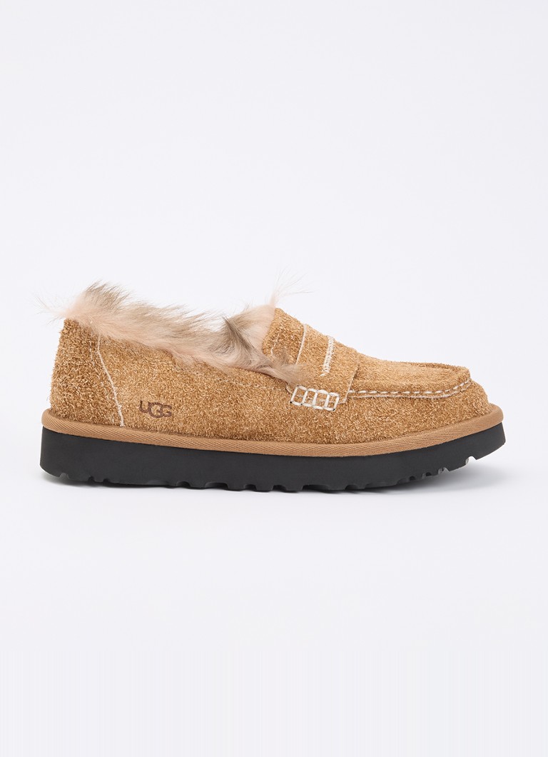 UGG Dames Ellis loafer van suède met schapenvacht in de kleur Camel, maat: 41