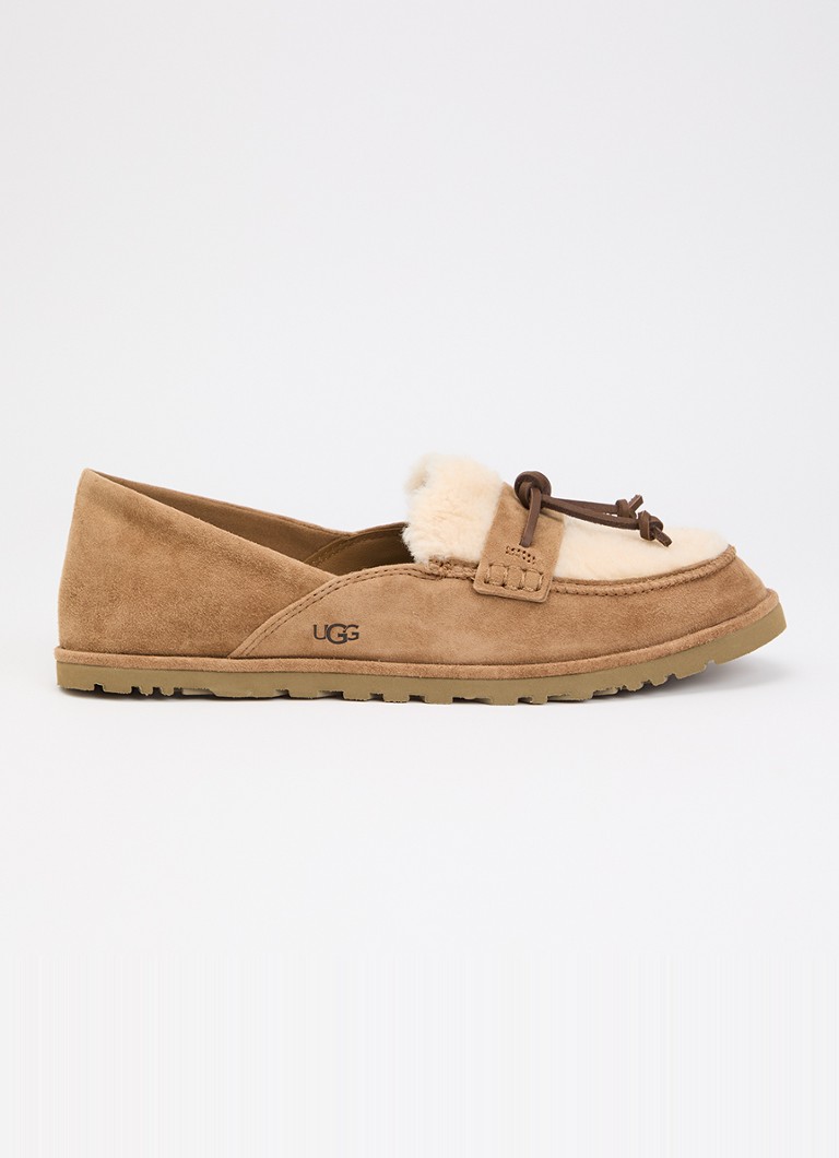 UGG Dames Zora loafer van suède met schapenvacht in de kleur Lichtbruin, maat: 39