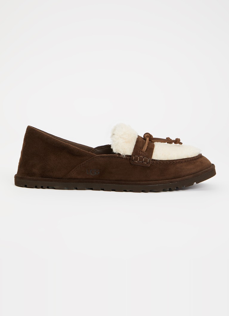 UGG Dames Zora loafer van suède met schapenvacht in de kleur Donkerbruin, maat: 38