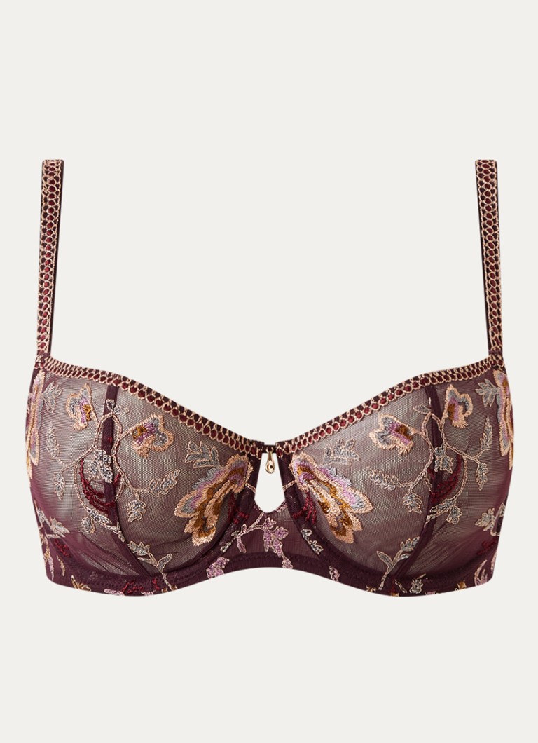 Aubade Dames Midnight Opera balconette bh van mesh met borduring in de kleur Aubergine, maat: C75