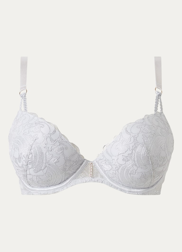 Aubade Dames Satin Memories voorgevormde beugel bh met overlay van kant in de kleur Lichtgrijs, maat: E80