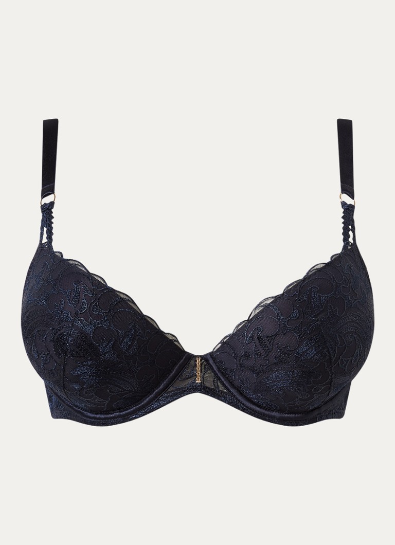 Aubade Dames Satin Memories voorgevormde beugel bh met overlay van kant in de kleur Blauw, maat: E70