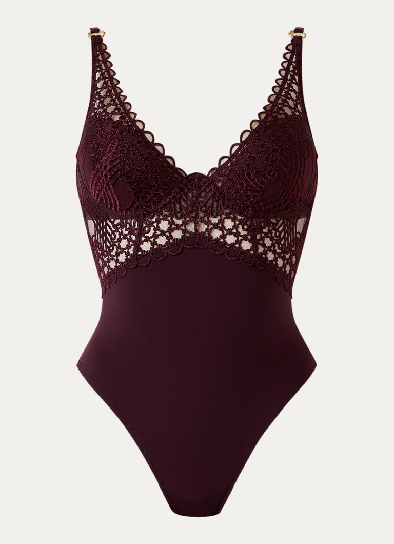 Aubade Dames Eloge Du Desir voorgevormde body van mesh met borduring in de kleur Aubergine, maat: XL