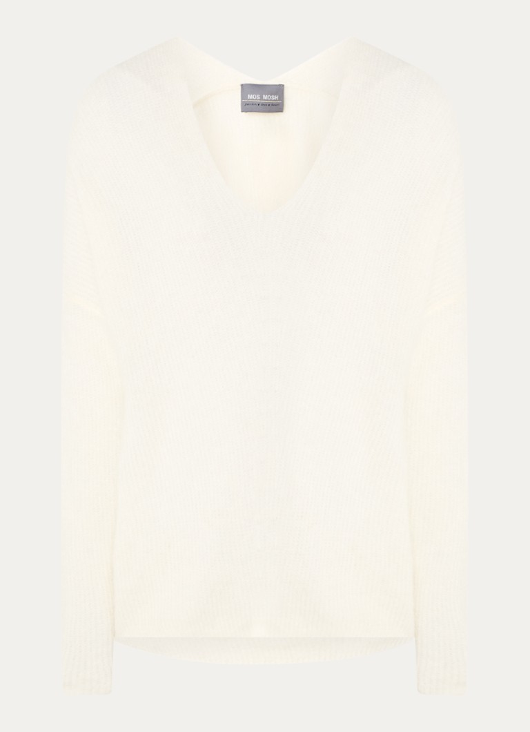 Mos Mosh Dames MMThora fijngebreide pullover in alpaca wolblend met V-hals in de kleur Ecru / Gebroken Wit