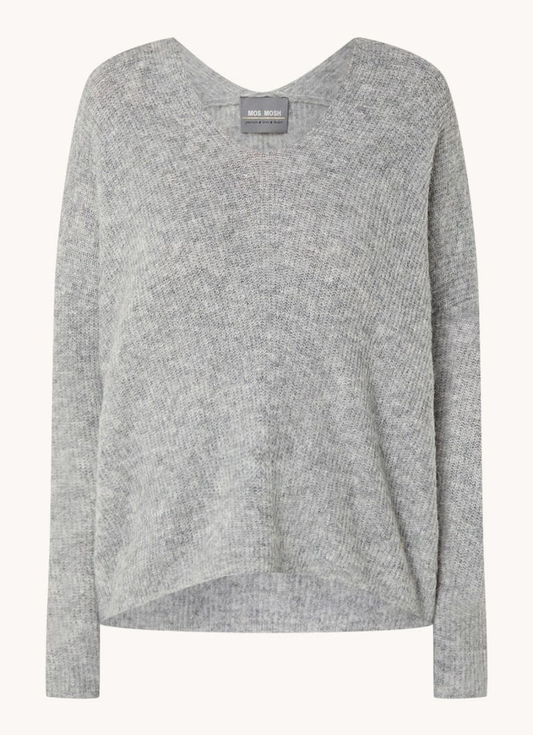 Mos Mosh Dames MMThora fijngebreide pullover in alpaca wolblend met V-hals in de kleur Grey Melange / Grijsmele