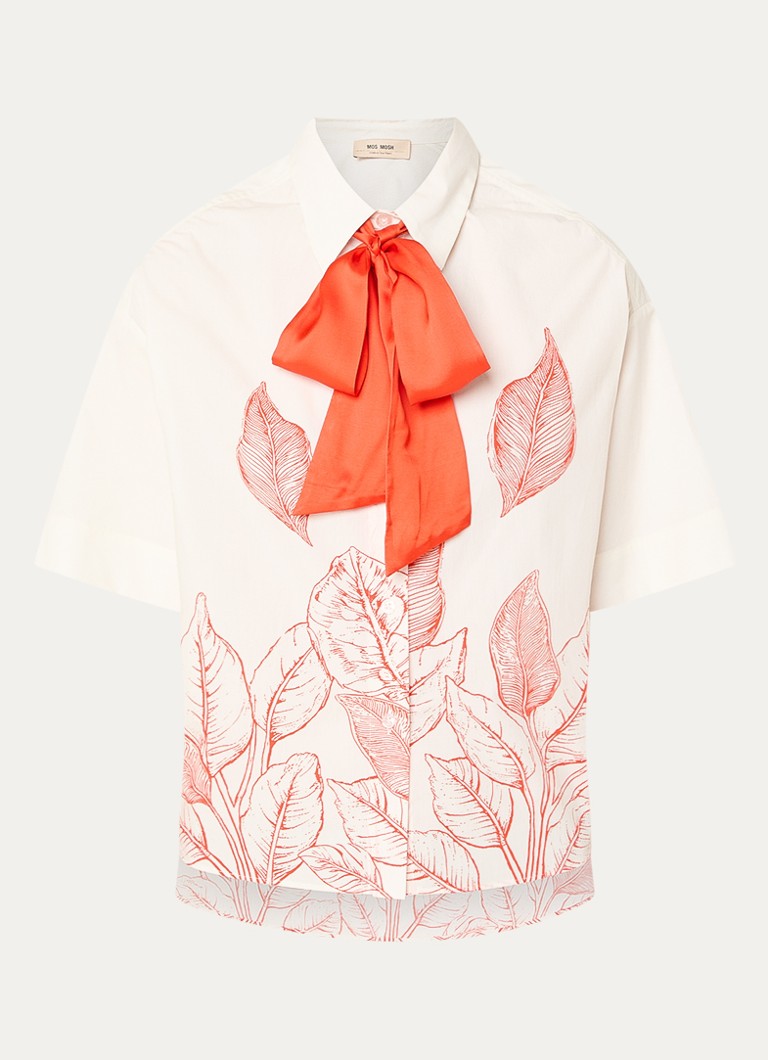 Mos Mosh Dames MMSaras blouse met bladprint en sjaalkraag in de kleur Gebroken wit