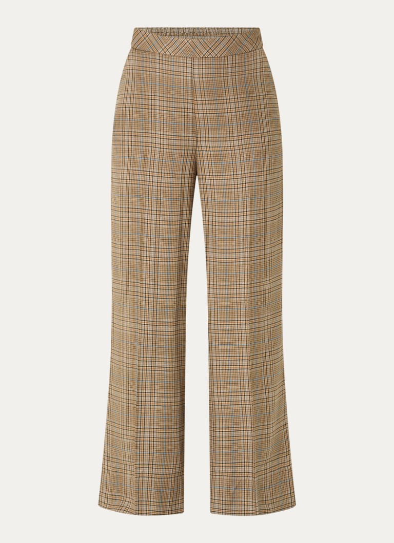 Mos Mosh Dames MMMie Kalif high waist wide fit pantalon in wolblend met ruitdessin in de kleur Khaki