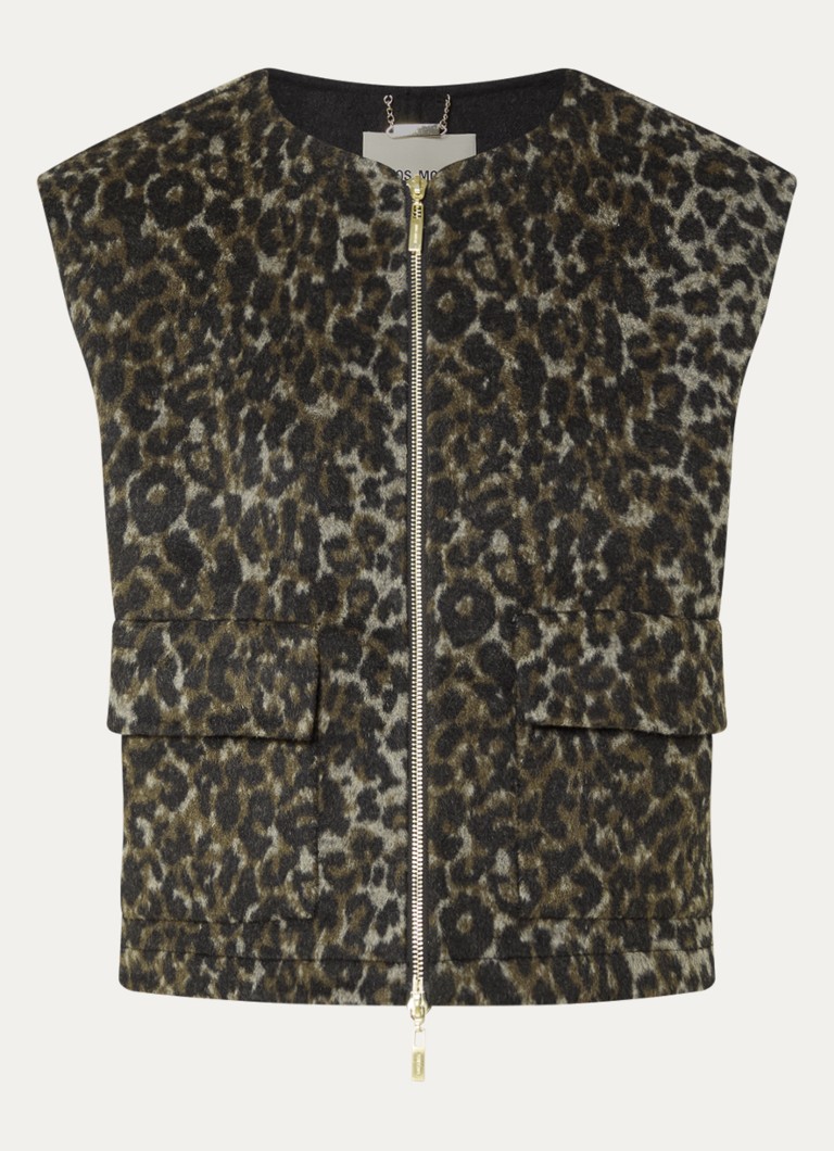 Mos Mosh Dames MMElise Leo vest in wolblend met panterprint in de kleur Zwart