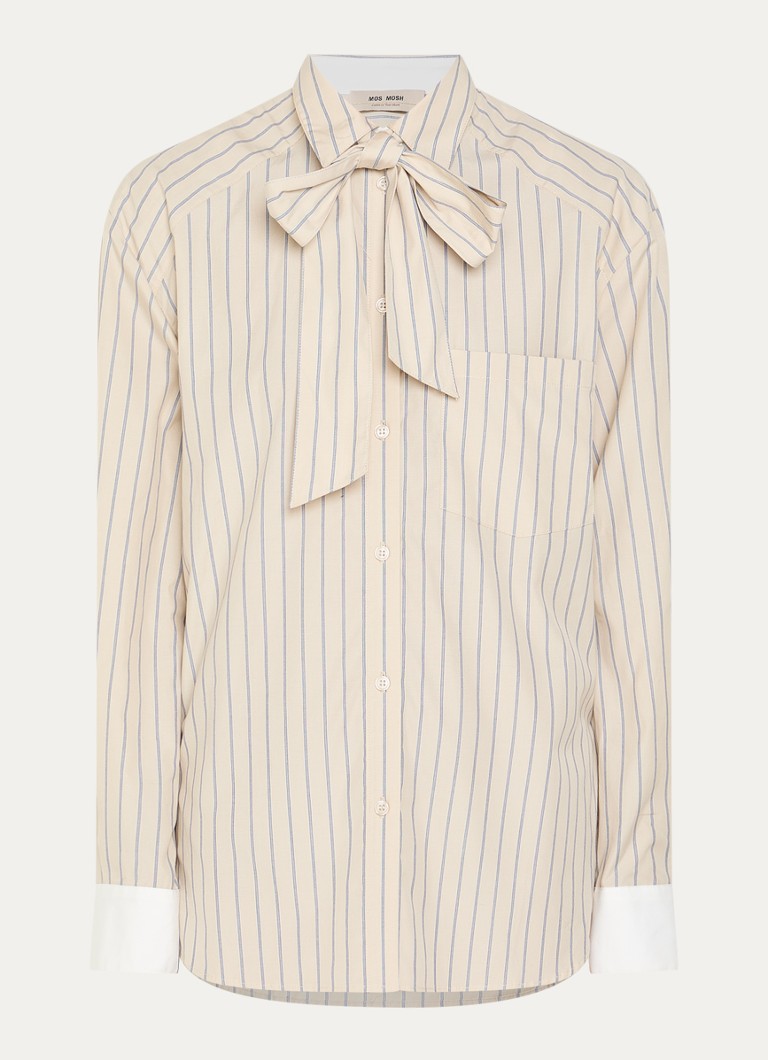 Mos Mosh Dames Keeva blouse met sjaalkraag en streepprint in de kleur Beige