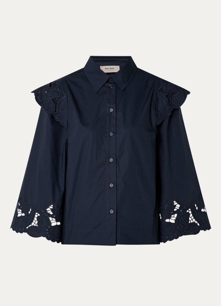 Mos Mosh Dames Heliam A-lijn blouse met broderie en trompetmouw in de kleur Zwart