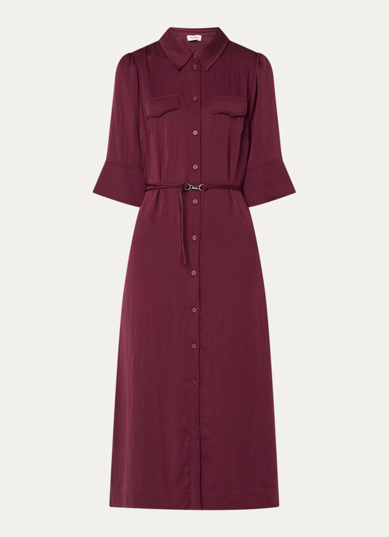Mos Mosh Dames MMRaya Annie midi blousejurk met ceintuur in de kleur Bordeauxrood