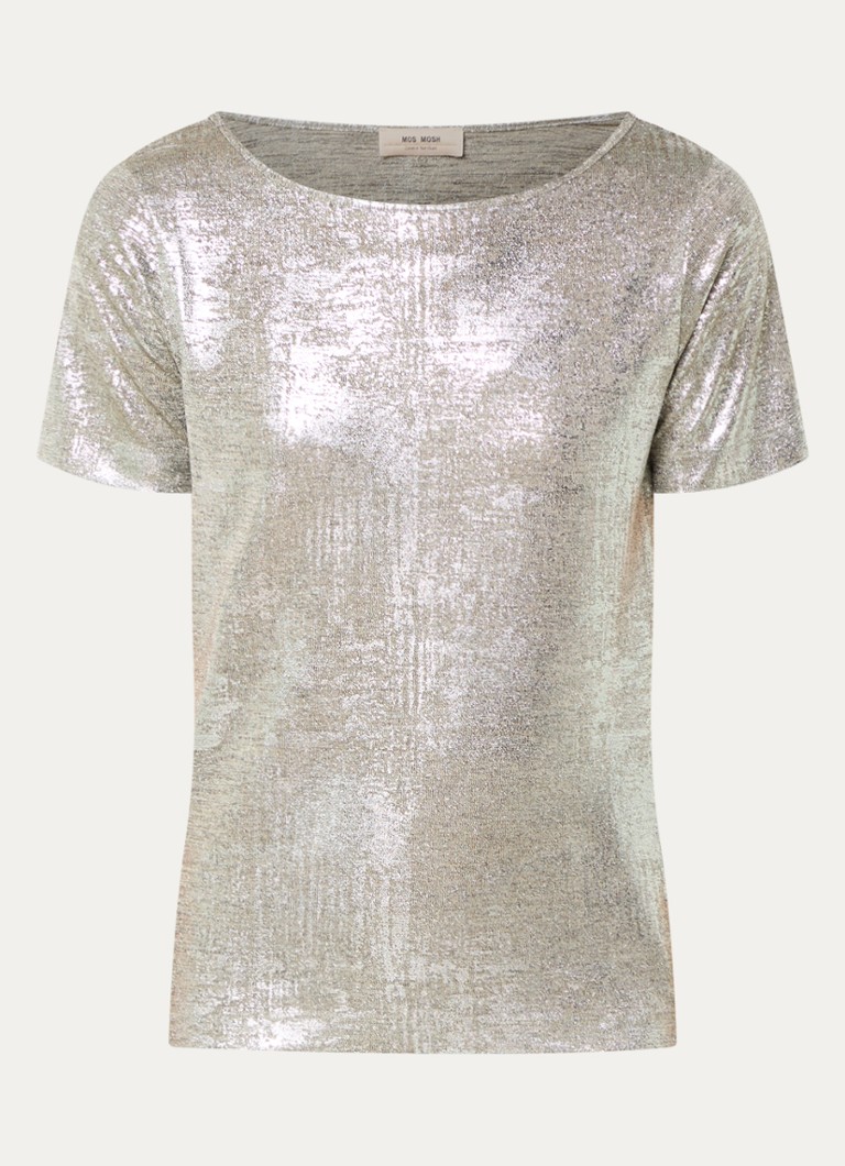 Mos Mosh Dames Niva T-shirt met metallic finish en boothals in de kleur Zilver