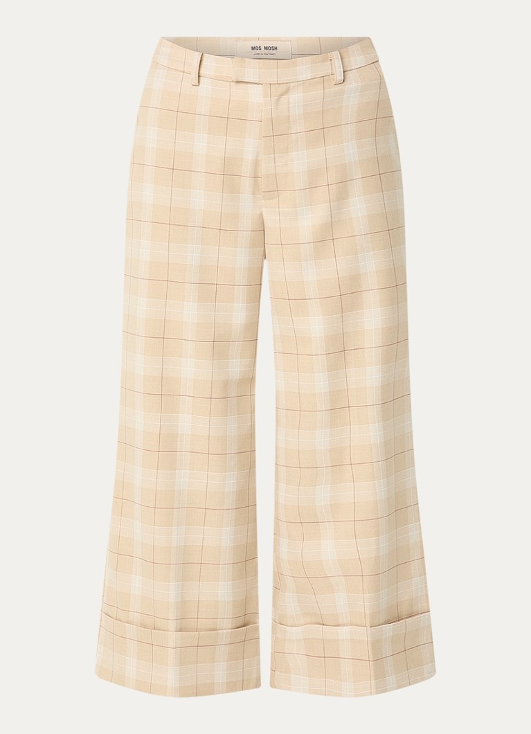 Mos Mosh Dames MMLeyla Chelsea high waist wide fit cropped pantalon met ruitdessin in de kleur Beige